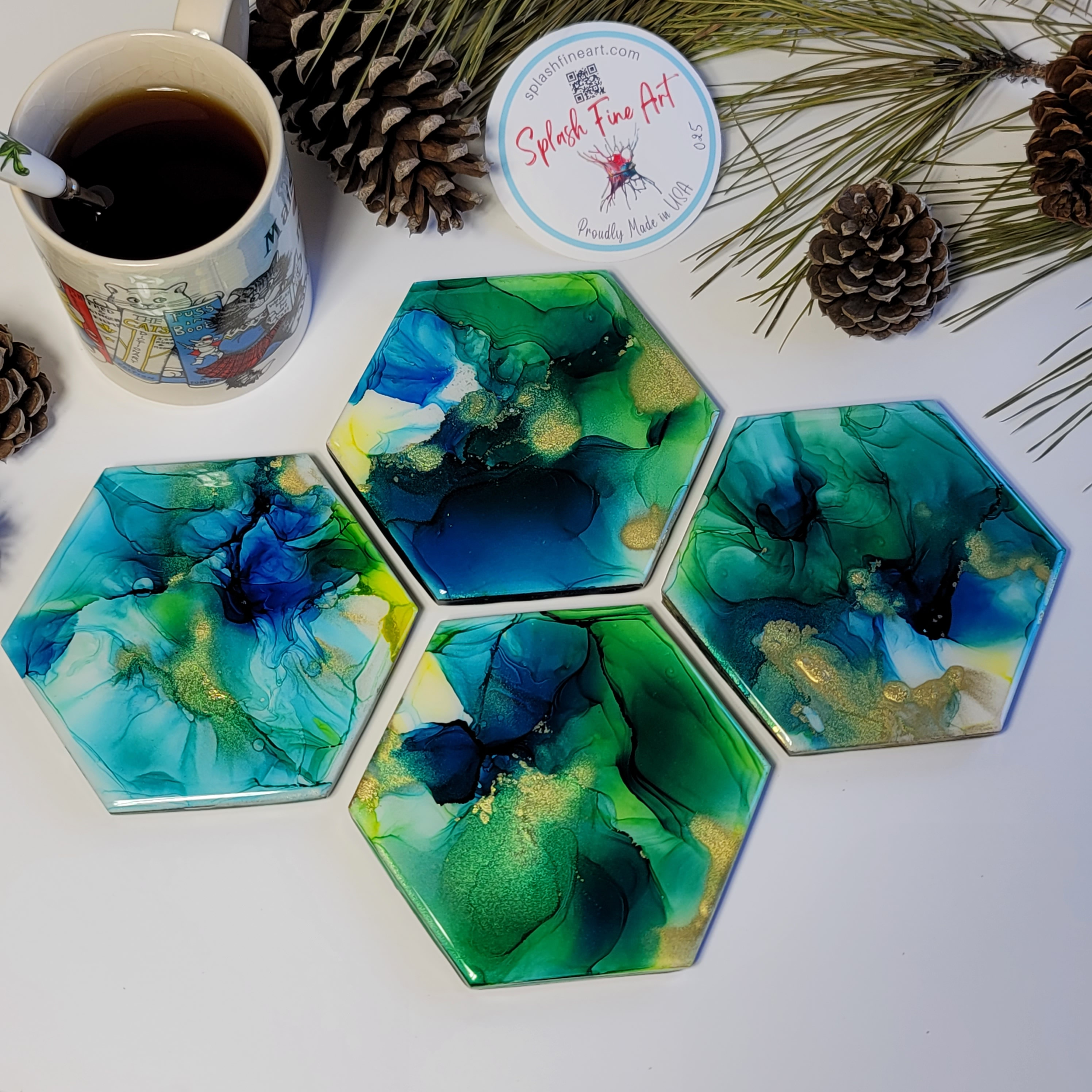 and Gold pattern Sky blue Cyan Resin coated coasters Hand painted Ceramic Coaster Set